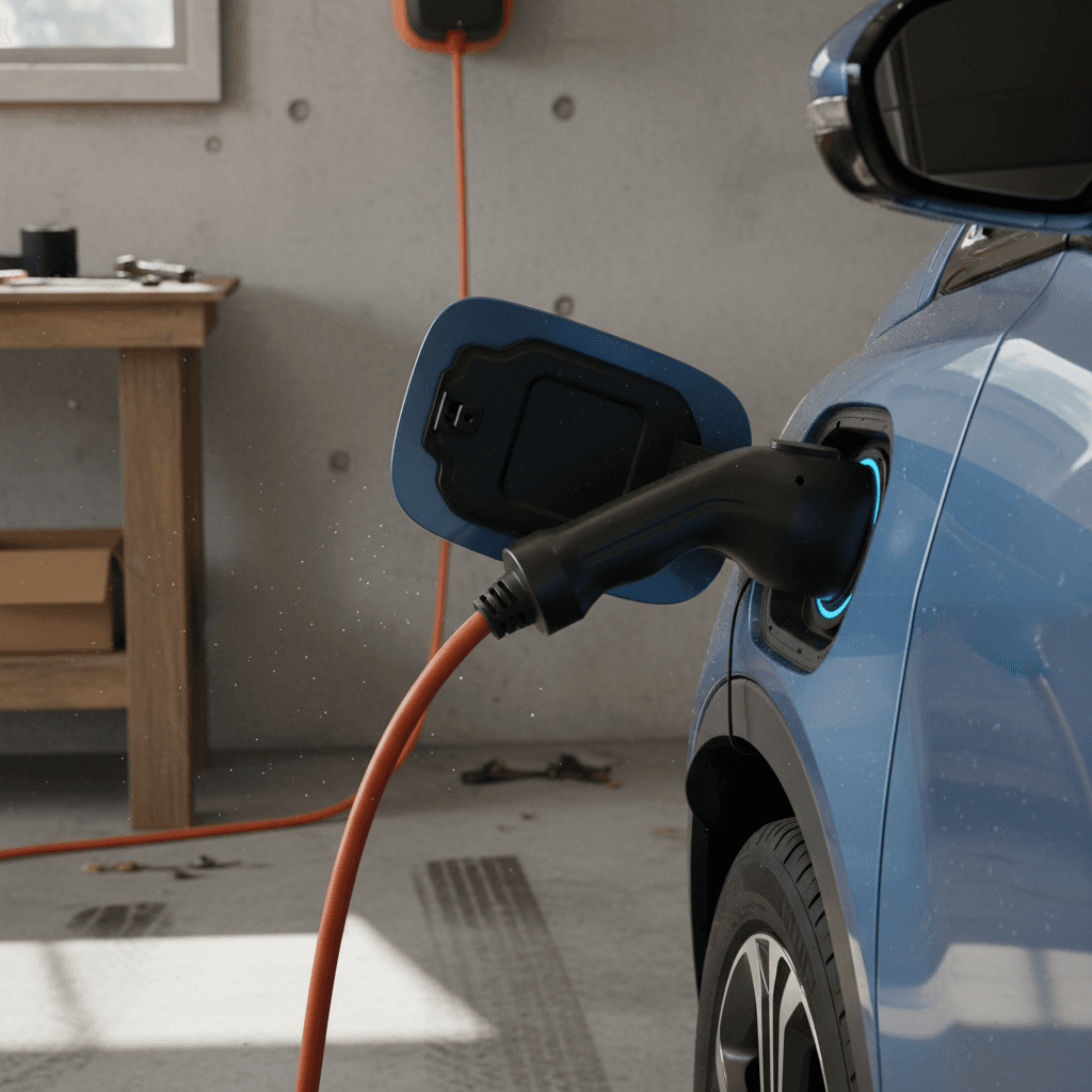 Level 2 home EV charger mounted on a garage wall, plugged into a Chevrolet Bolt EV