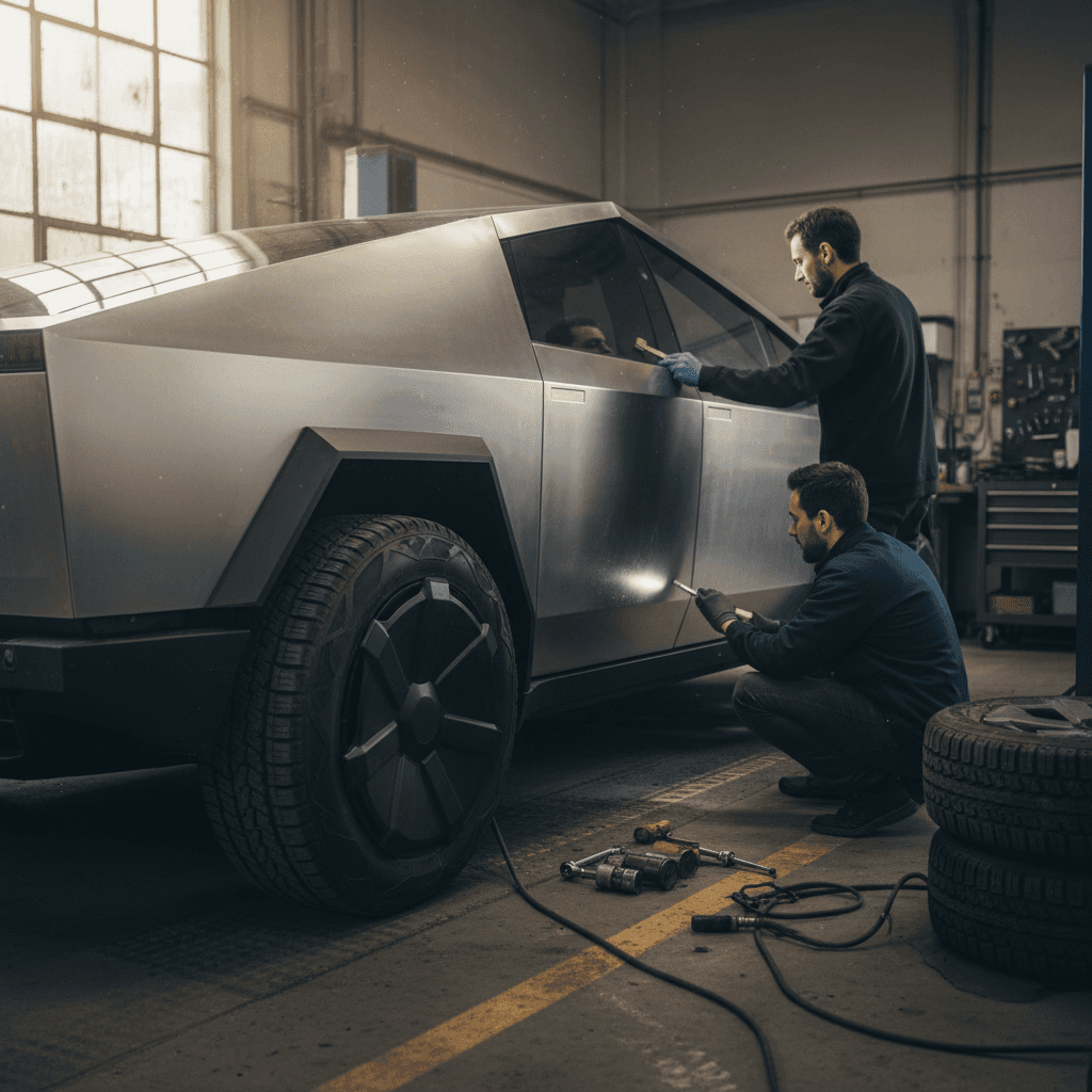 Tesla Cybertruck in a service bay while a technician checks door alignment and stainless trim