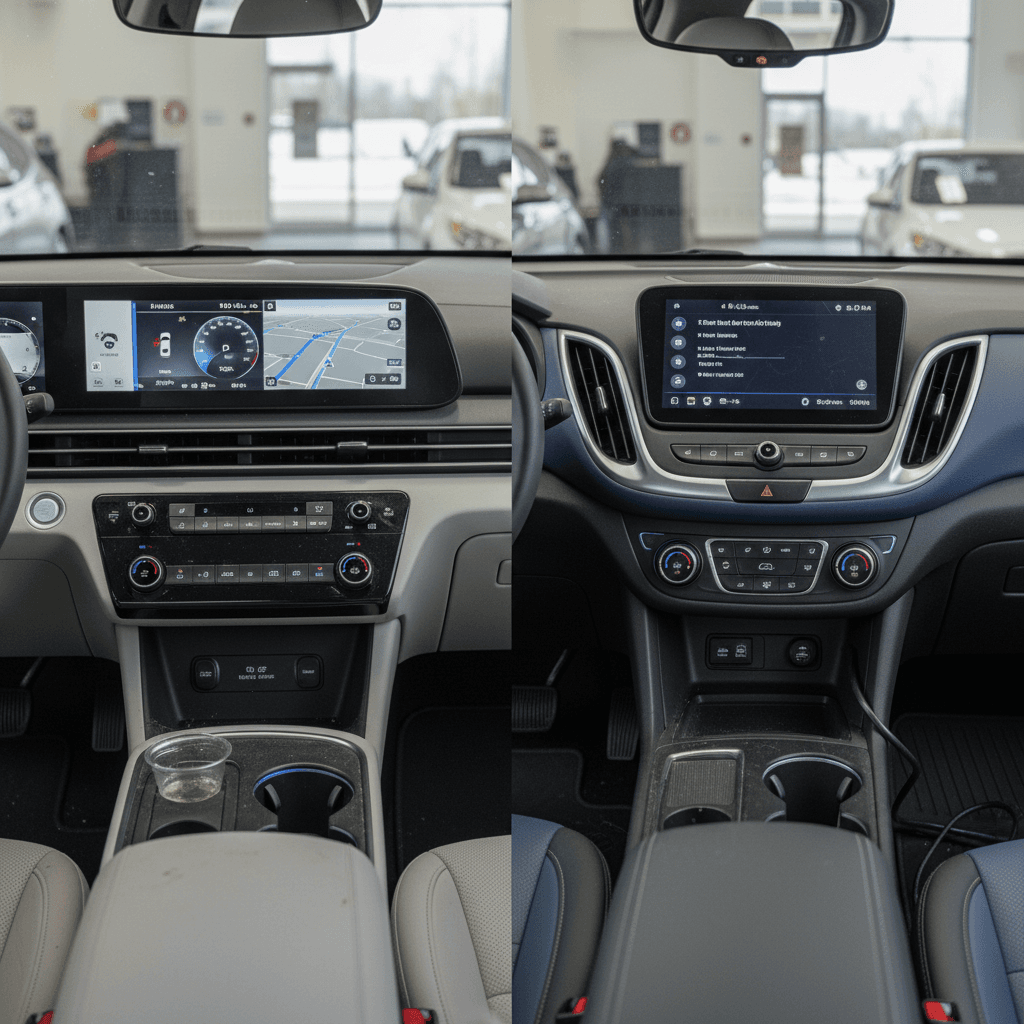 Side-by-side interior view of a Hyundai Ioniq 5 and Chevrolet Equinox EV showing their dashboards and seating layouts
