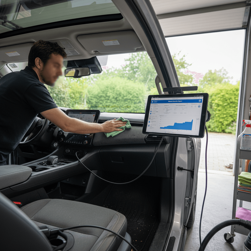 Owner preparing a Nissan Ariya for sale while reviewing a detailed EV battery health report on a tablet next to the car.