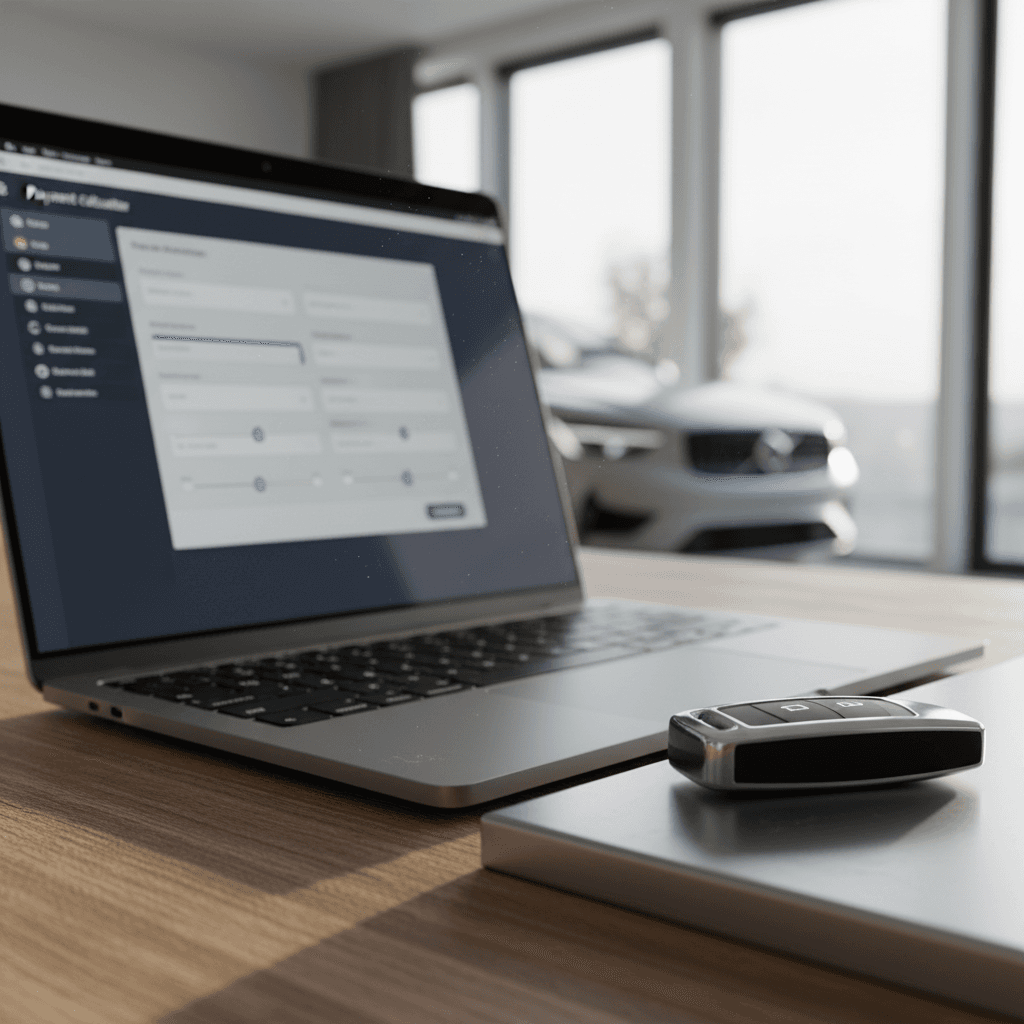 Laptop showing a car loan payment calculator next to keys for a Volvo EX90 electric SUV