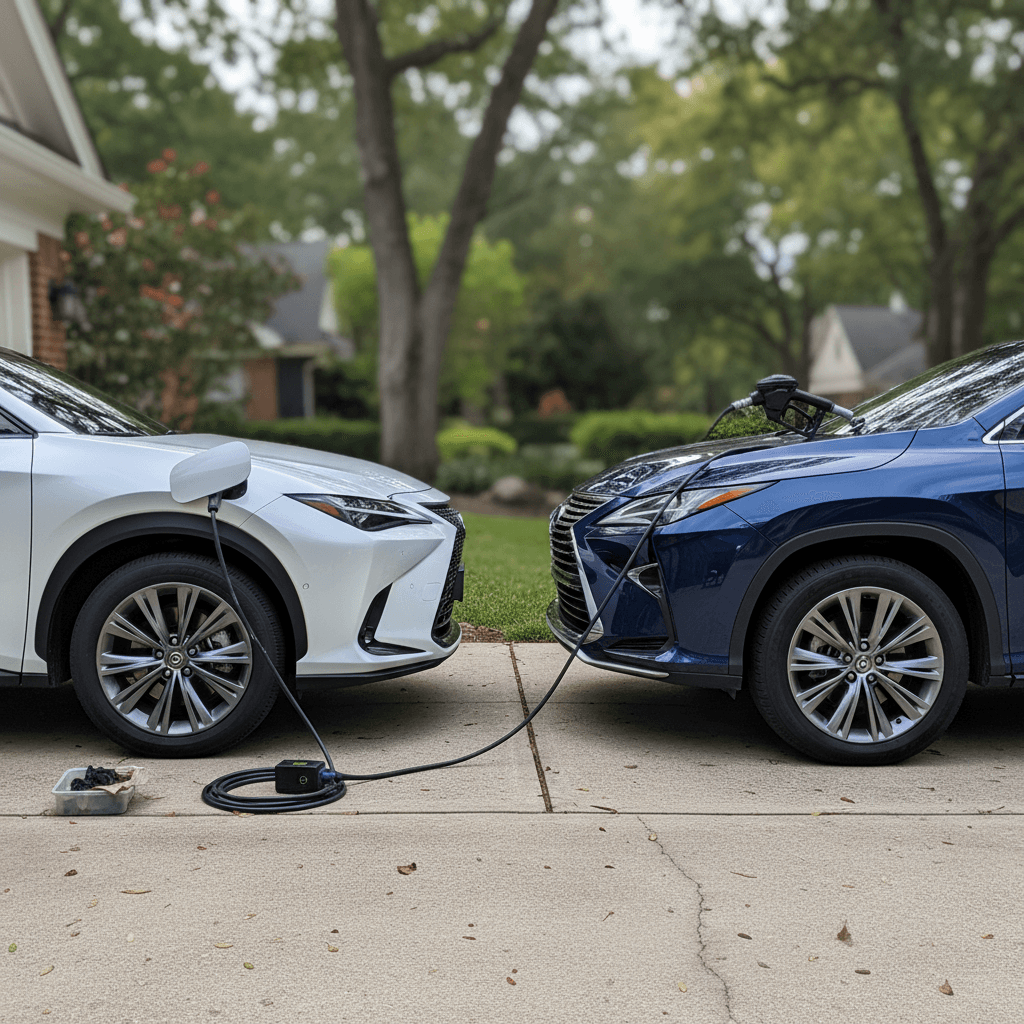 Side‑by‑side Lexus RZ 450e and gas Lexus SUV parked in a driveway, highlighting ownership cost comparison