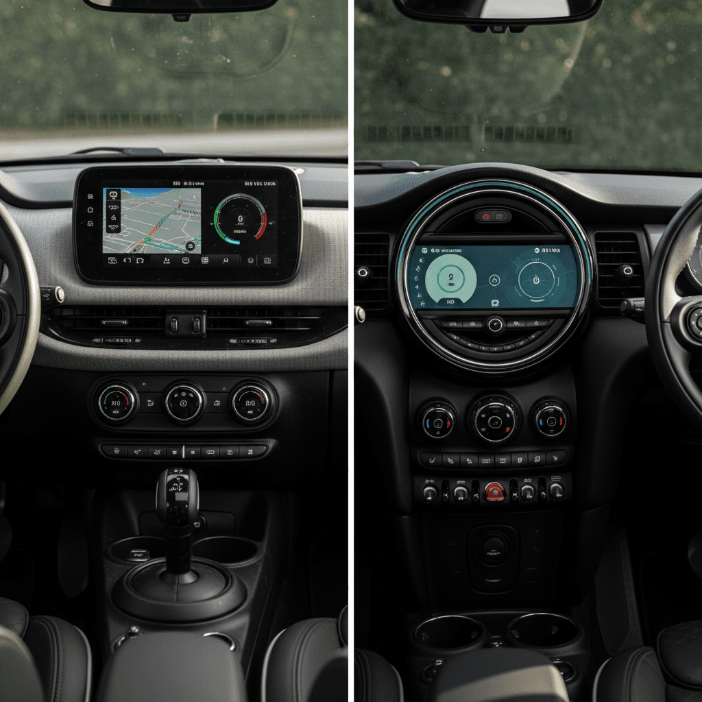 Interior view of a Fiat 500e and Mini Cooper SE showing infotainment screens and controls