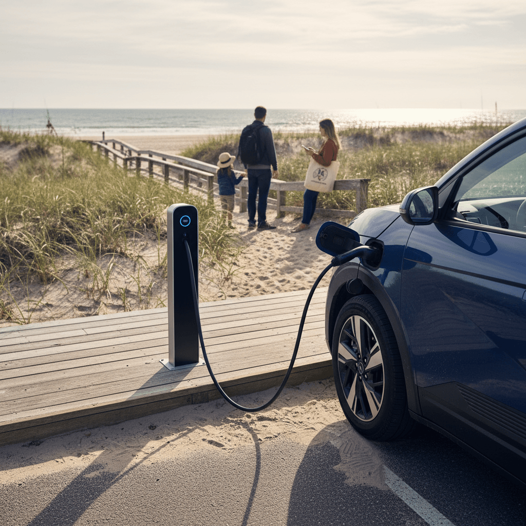 Driver plugging an electric vehicle into a highway fast charger with palm trees and blue sky in the background