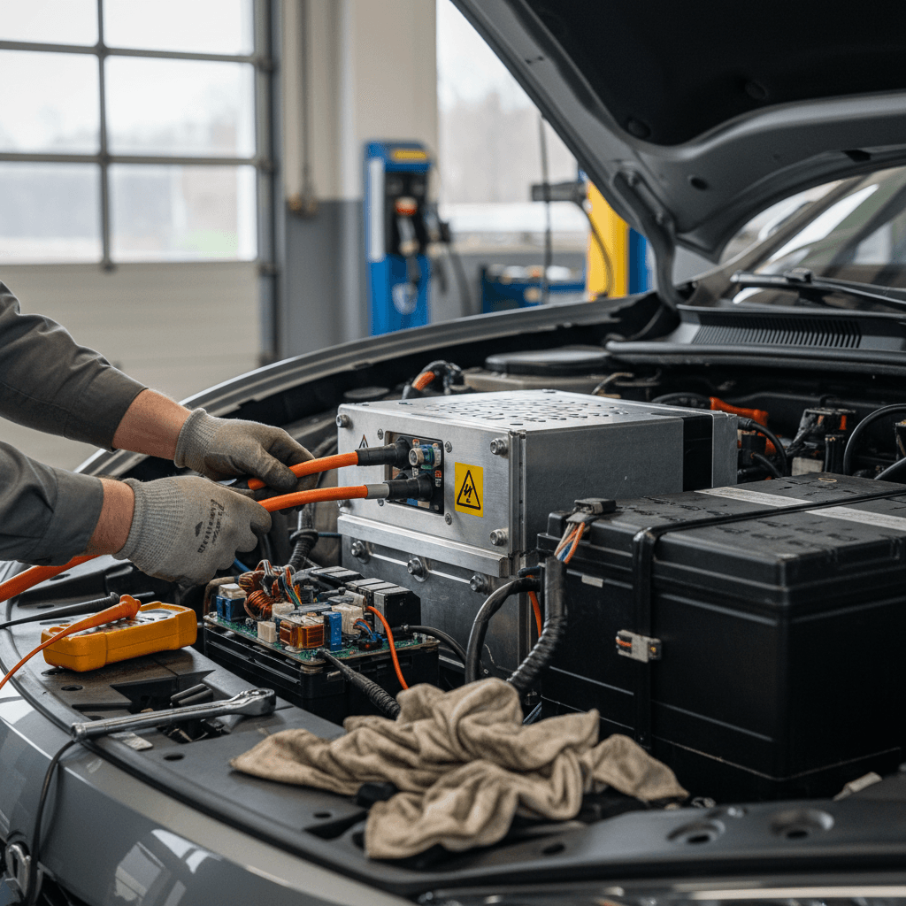 Mechanic testing a car battery and alternator with diagnostic tools in a workshop