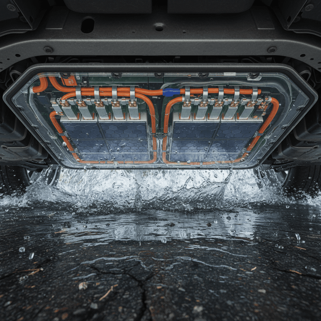 Cutaway view of an electric car showing a sealed battery pack and high-voltage components protected from splashes below the vehicle.