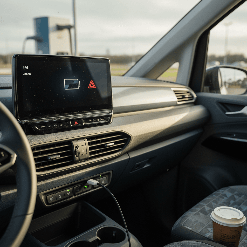 Volkswagen ID. Buzz infotainment screen and steering wheel, showing software-driven controls that can suffer from glitches until updated