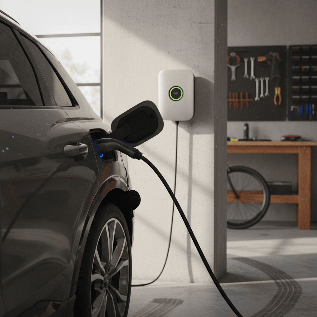 Audi Q4 e-tron charging from a Level 2 wallbox in a residential garage