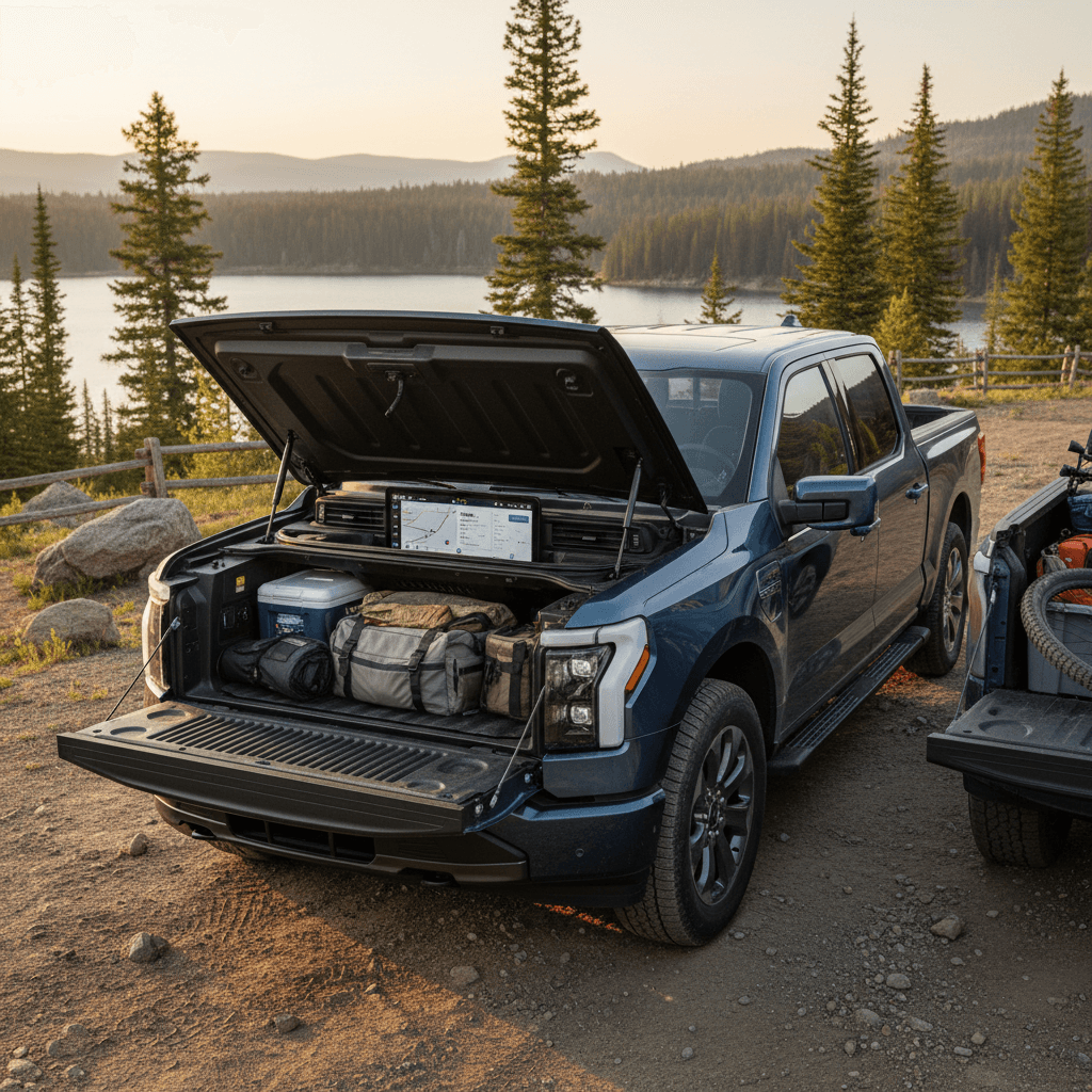 2024 Ford F-150 Lightning parked with frunk open and rear bed visible