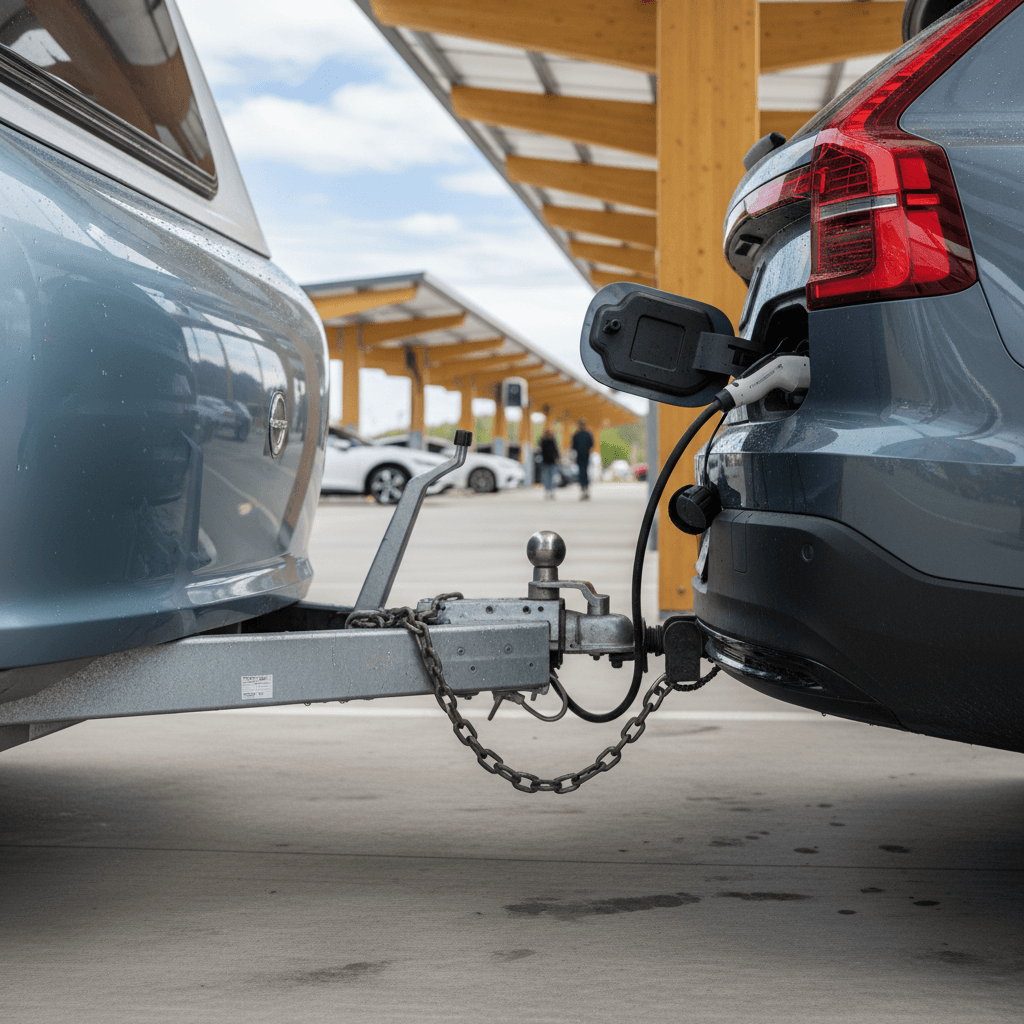 Volvo EX90 hitched to a compact travel trailer parked beside a modern DC fast charging station
