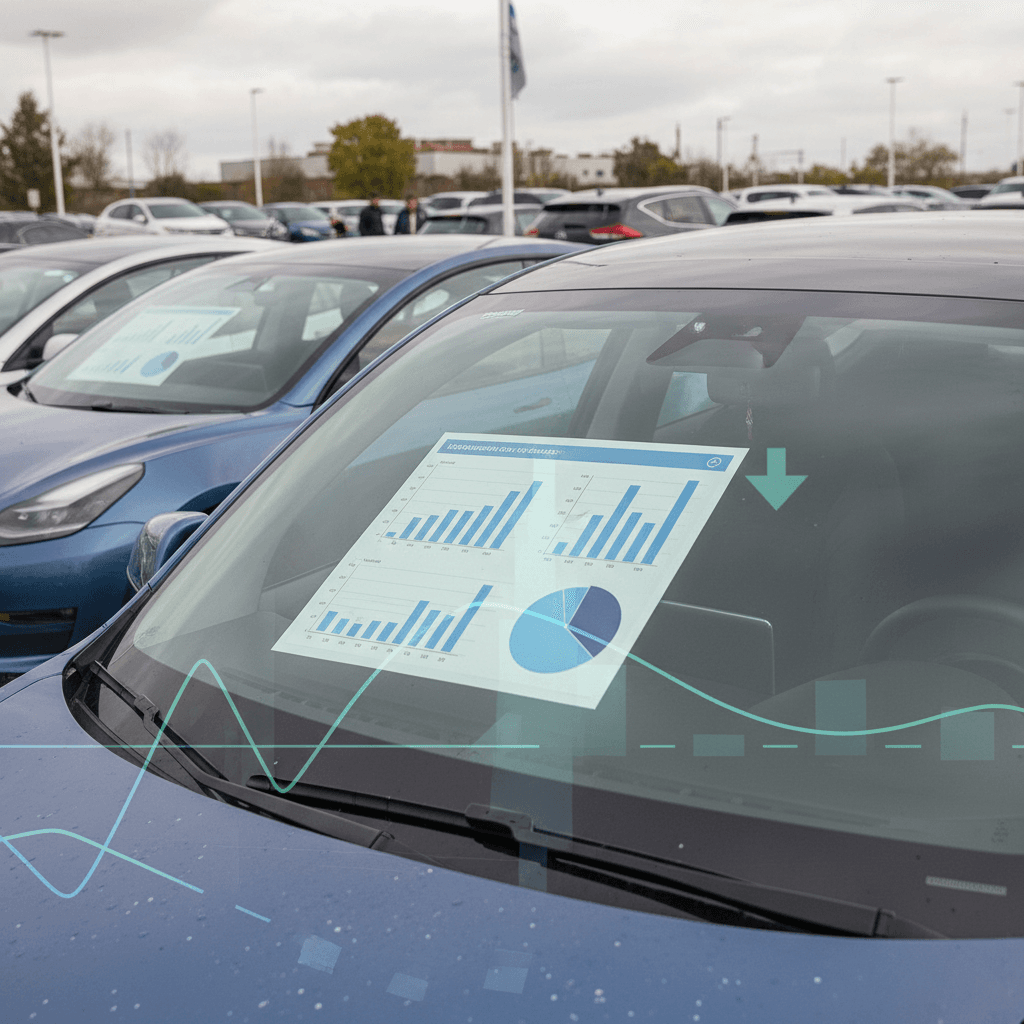 Used electric vehicles parked on a dealer lot with price stickers, illustrating falling EV prices