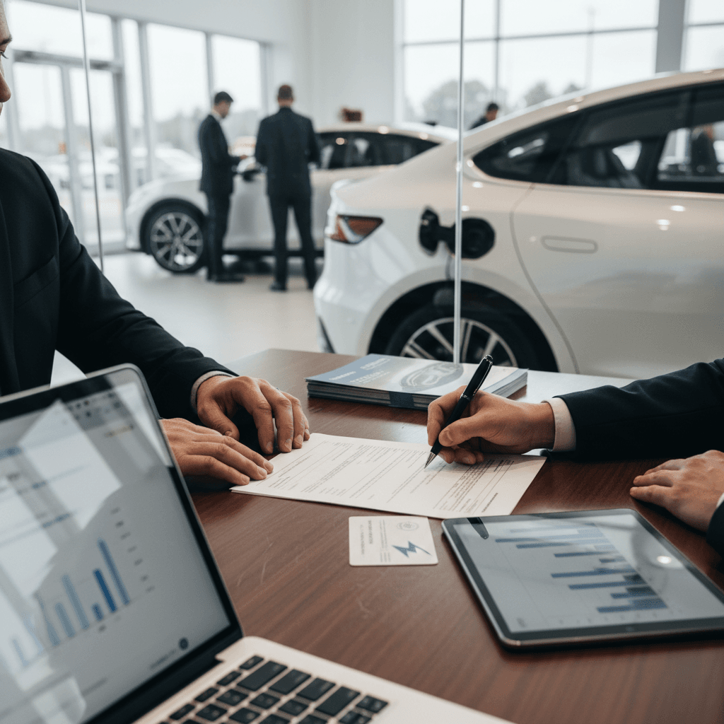 Customer reviewing electric car lease paperwork with a salesperson at a California dealership