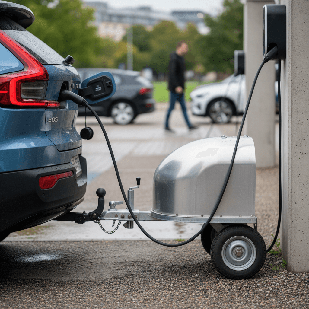 Volvo C40 Recharge hitched to a small camping trailer while charging at a public fast charger