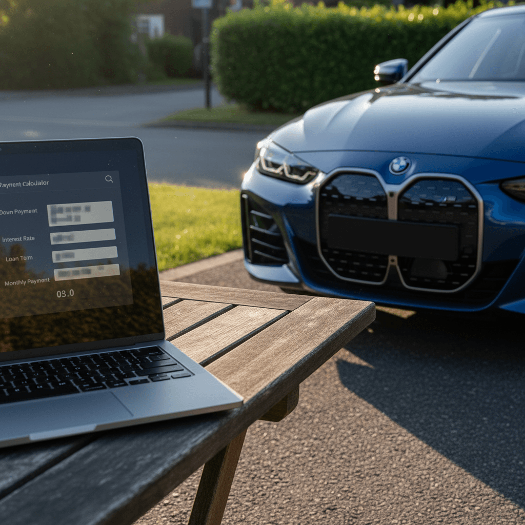 Laptop showing a car payment calculator next to a BMW i4 parked in a driveway, illustrating how to estimate monthly payments.