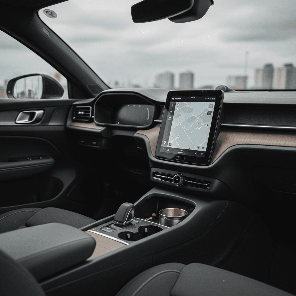 Minimalist interior of a 2024 Polestar 2 with portrait center touch screen and light upholstery