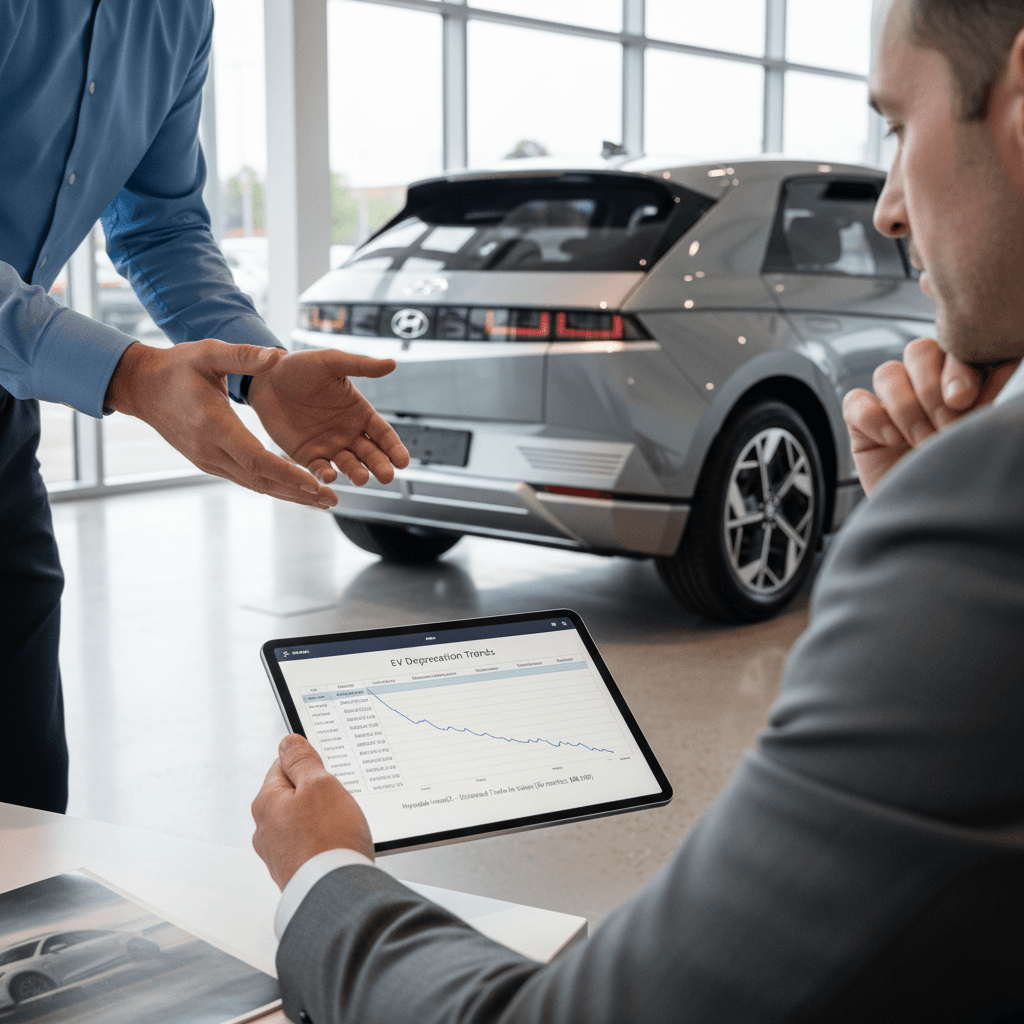Customer and EV specialist reviewing a 2026 Hyundai Ioniq 5 battery health and trade-in appraisal on a tablet