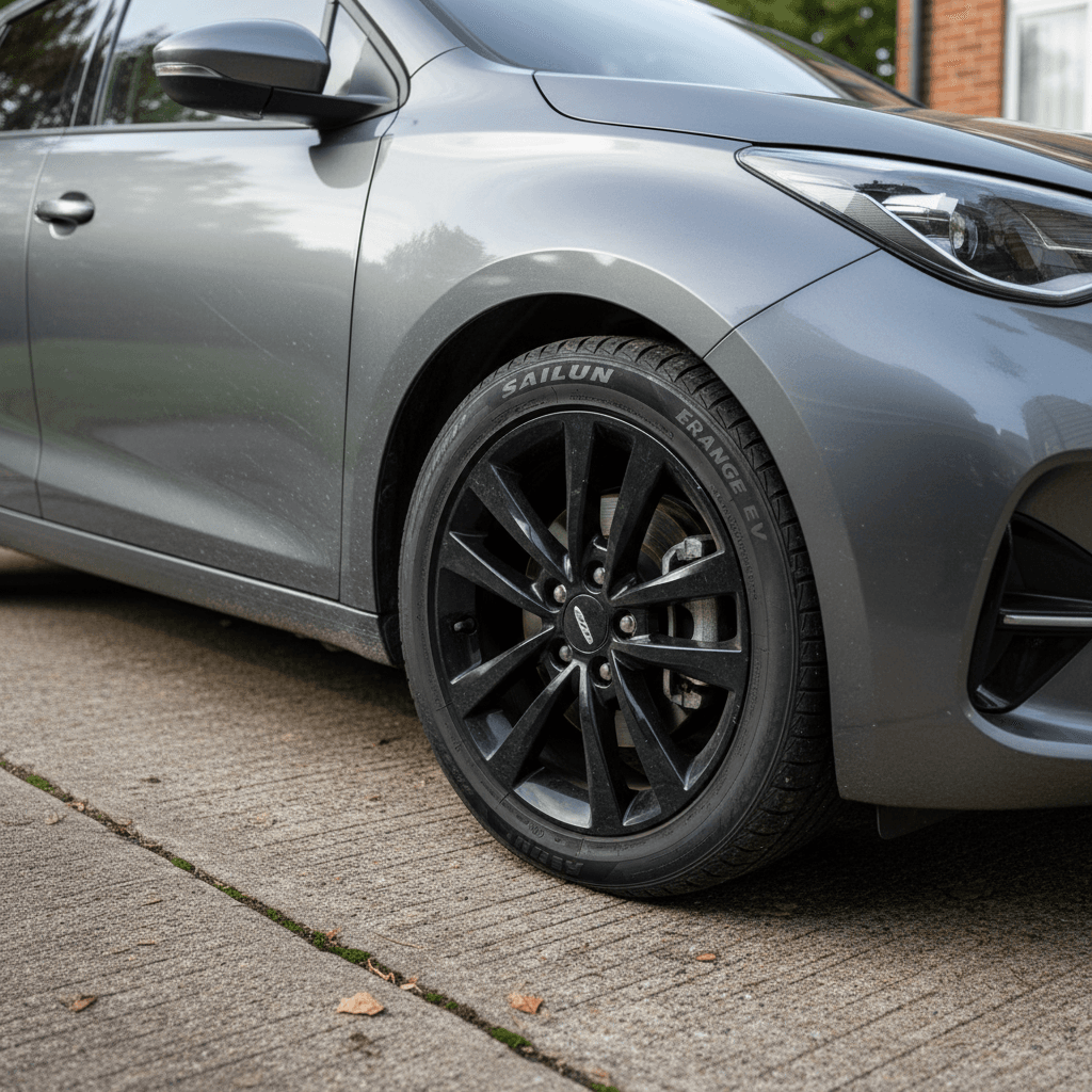 Electric vehicle parked in a driveway highlighting its tires and wheels
