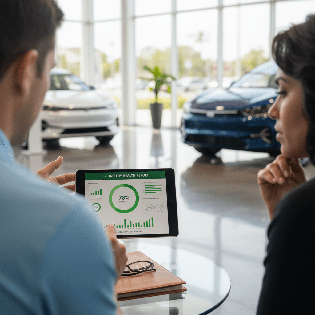 Customer and salesperson reviewing a detailed EV battery health and range report on a tablet before agreeing on a trade-in value.