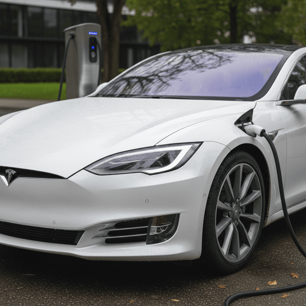 2025 Tesla Model S plugged into a fast charger at a modern charging station