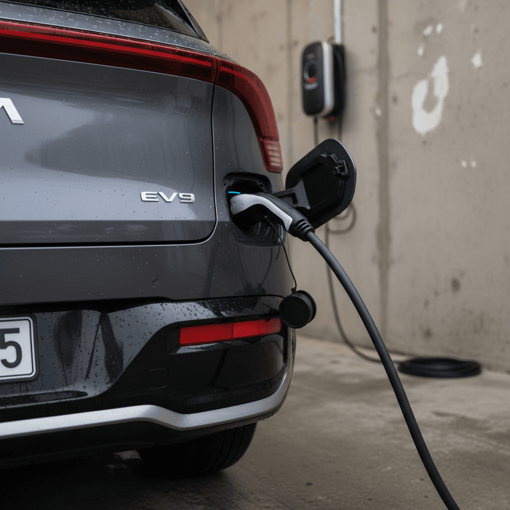 Kia EV9 charging at a home Level 2 charger in a suburban driveway