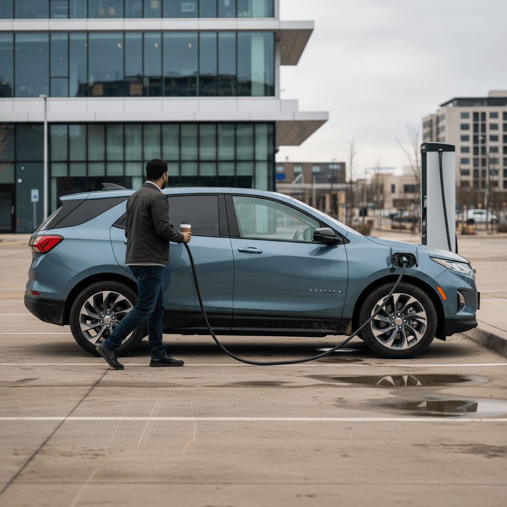 Chevrolet Equinox EV plugged into a public DC fast charging station in a parking lot, with the driver walking back toward the car