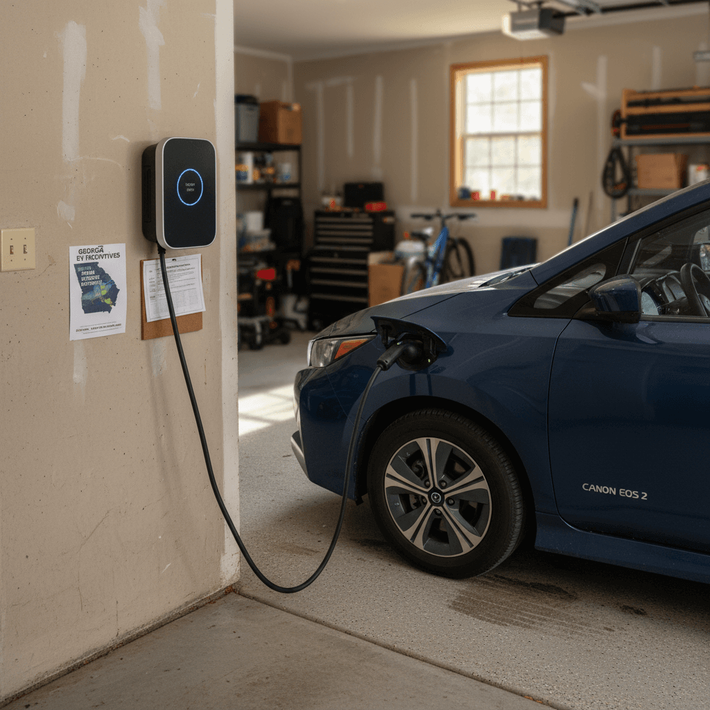 Home Level 2 EV charger installed in a Georgia garage with an electric car parked and charging