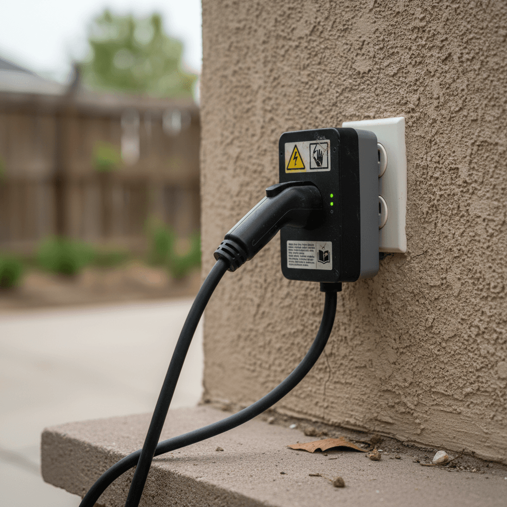 Portable Level 1 EV charging cable plugged into a standard household outlet in a garage