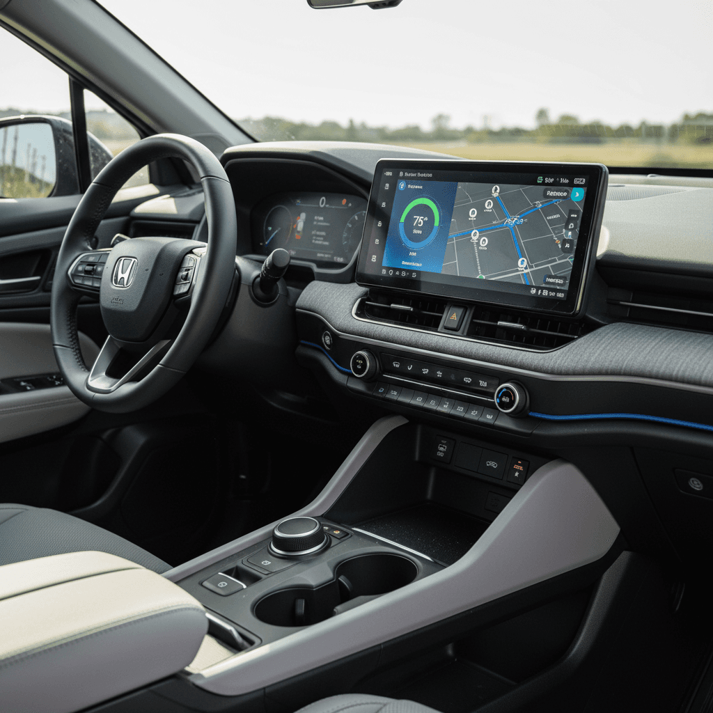 Driver seat and dashboard of a 2024 Honda Prologue showing the central touchscreen with EV route planning and battery range displayed