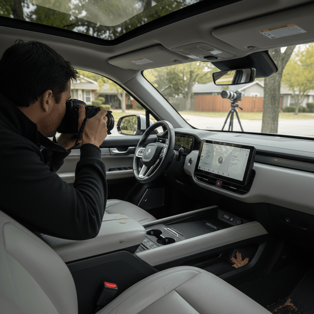 Owner taking detailed photos of a Rivian R1S exterior and interior to prepare an online listing