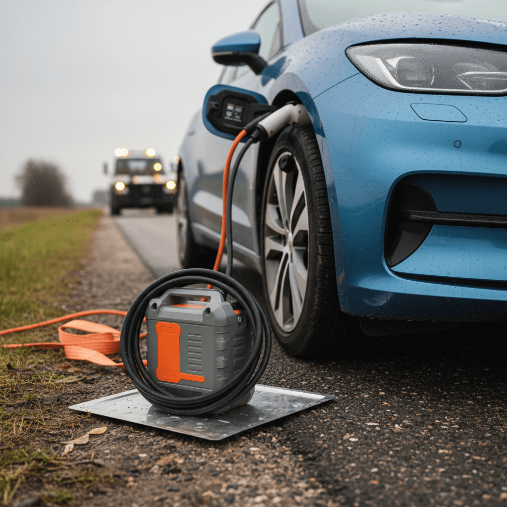 Mobile EV charging van providing roadside assistance to an electric car