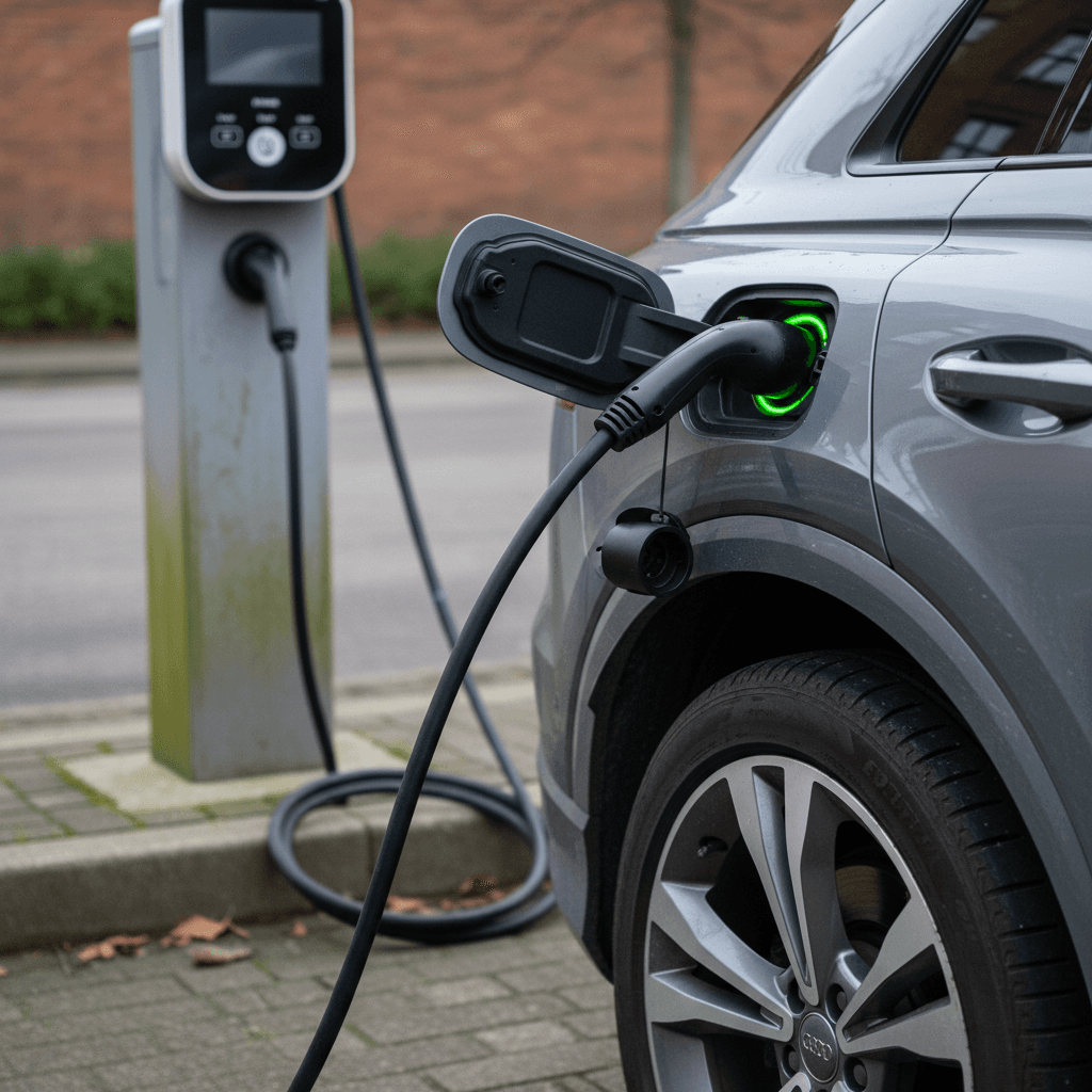 Audi Q4 e-tron plugged into a public fast charger, showing charging status on screen