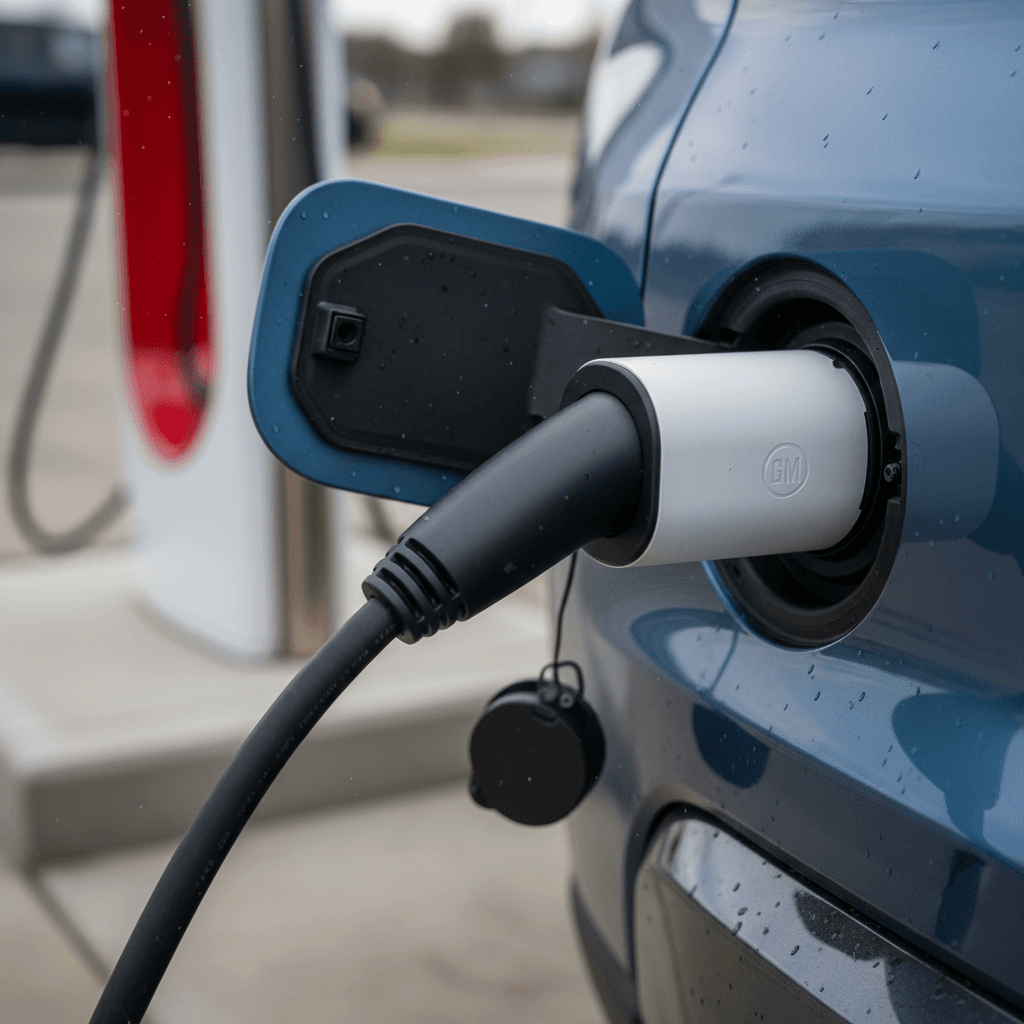 Tesla Supercharger handle with Magic Dock CCS adapter plugged into a non‑Tesla electric SUV at a charging station