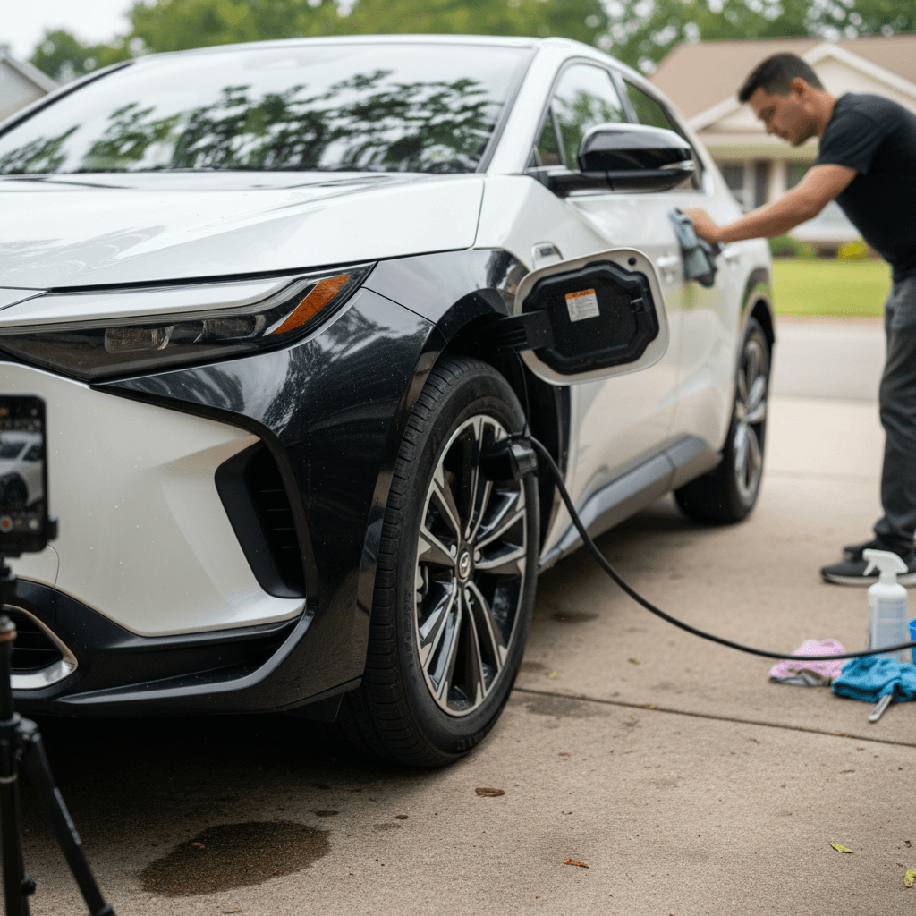 Owner cleaning and photographing a 2023 Toyota bZ4X in a driveway before listing it for sale