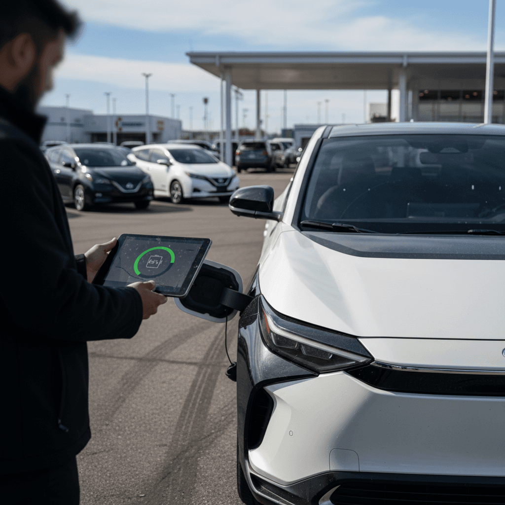 Salesperson using a tablet to review a Toyota bZ4X battery health report with a customer next to the vehicle