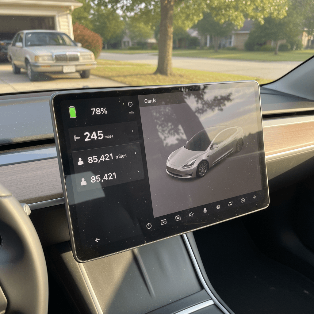 Owner reviewing battery health and mileage data on a 2022 Tesla Model 3 screen before selling
