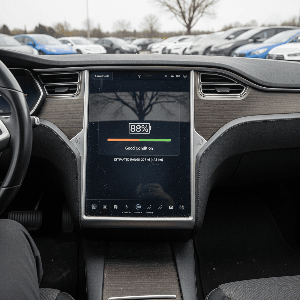 Used car lot with multiple electric vehicles parked in a row