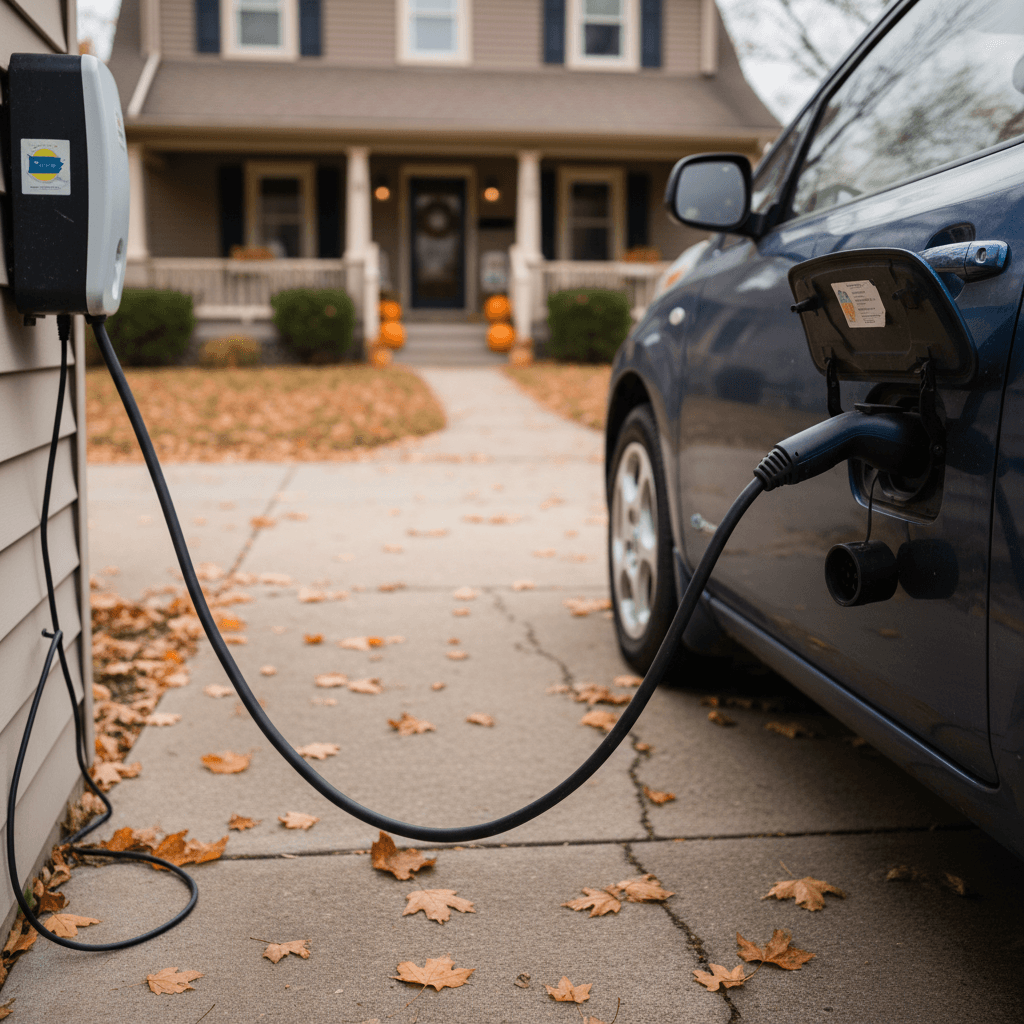 Used electric crossover charging on a Level 2 home charger in a Pennsylvania driveway in fall leaves