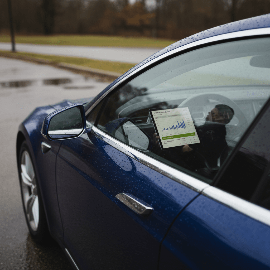 BMW i5 owner discussing insurance options with an agent at a desk