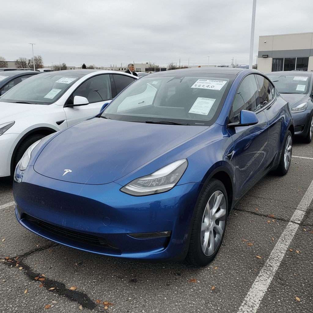 Lineup of used Tesla Model Y crossovers on a dealer lot with price stickers in the windows