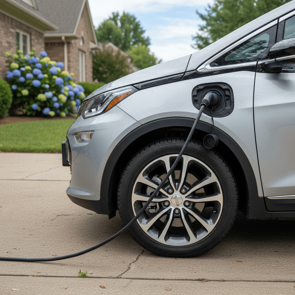 2023 Chevrolet Bolt EV plugged into a home Level 2 charger in a suburban driveway