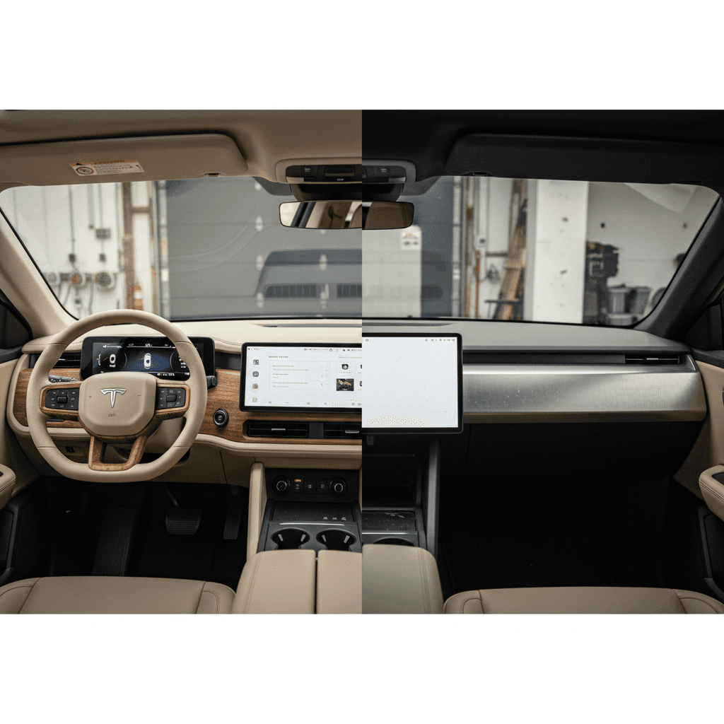 Side-by-side view of the Rivian R1T interior with warm materials next to the minimalist Tesla Cybertruck dashboard dominated by a central screen.