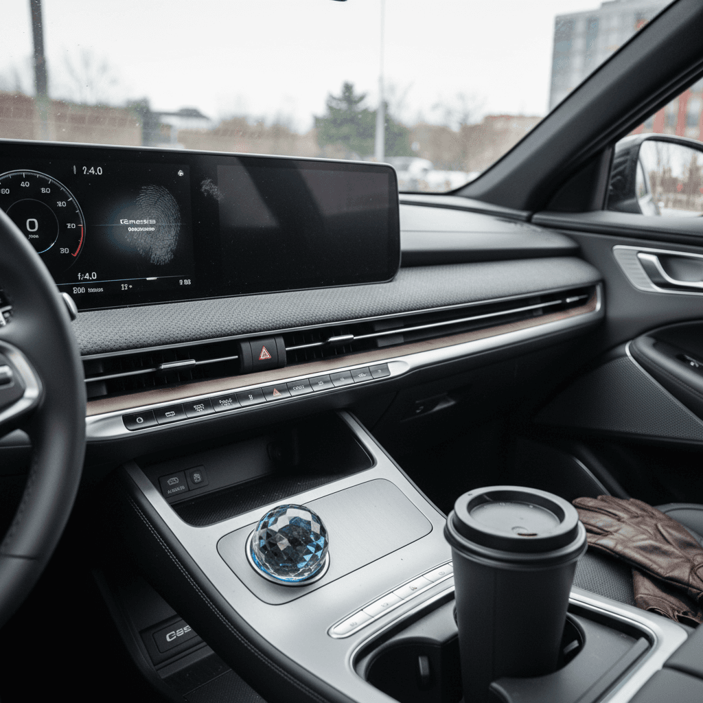 2025 Genesis GV60 interior with dual widescreens, floating console, and illuminated crystal gear selector