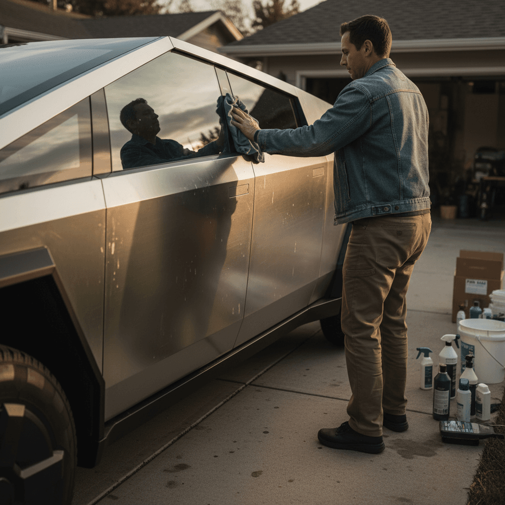 Owner carefully cleaning and inspecting the stainless body panels of a Tesla Cybertruck in a driveway before selling it