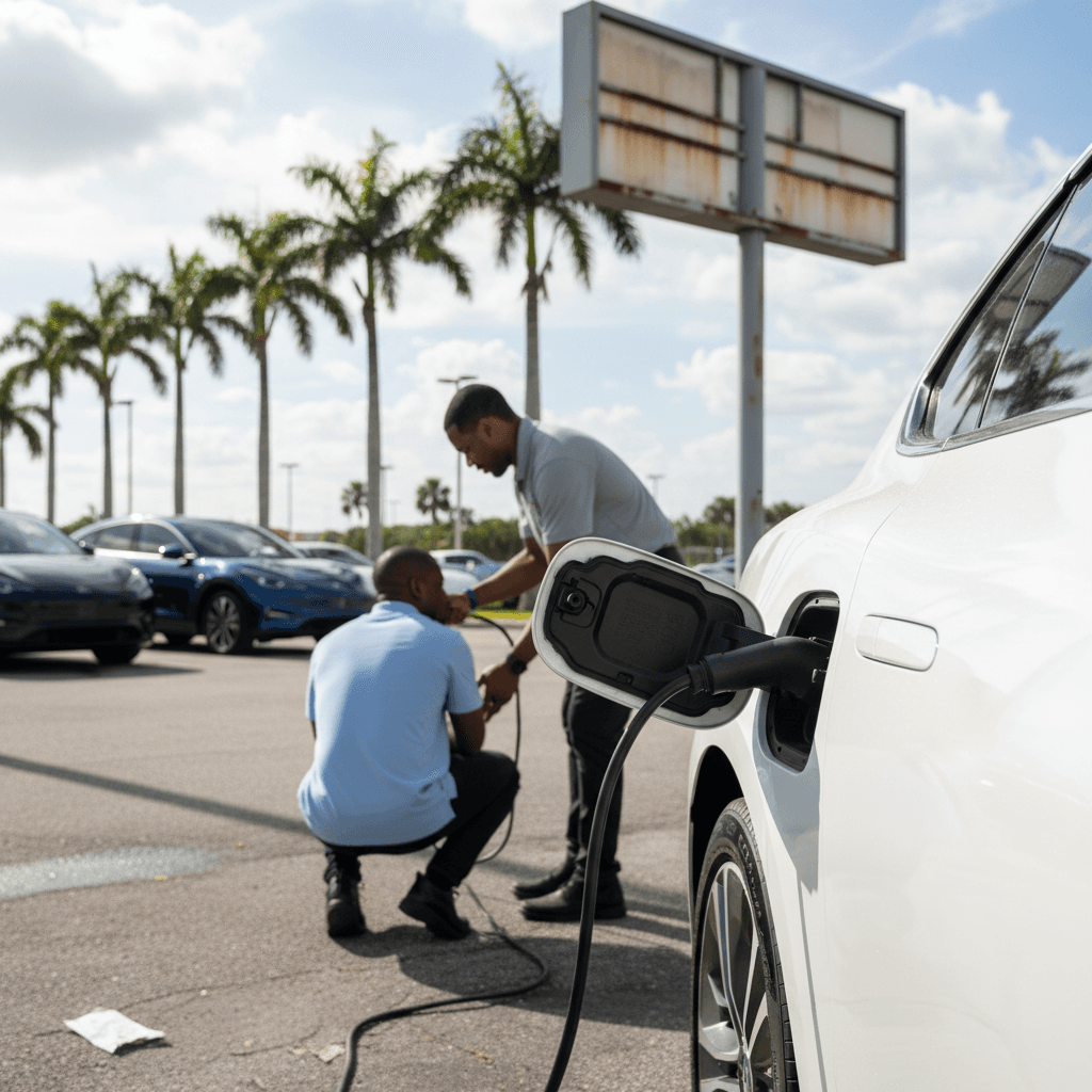 Customer reviewing a battery health report while inspecting a used electric vehicle at a Florida dealership