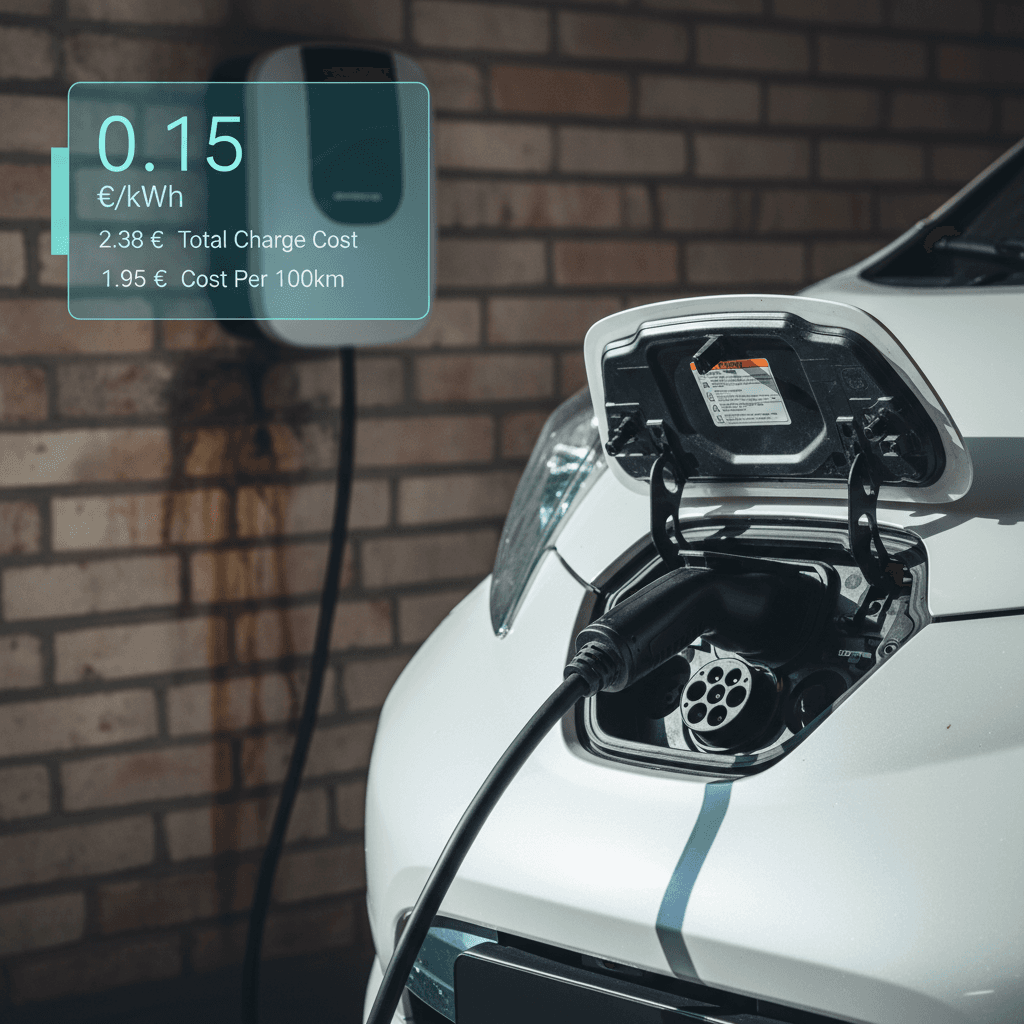 Nissan Leaf plugged into a home Level 2 charger, illustrating low electricity cost per mile for daily driving