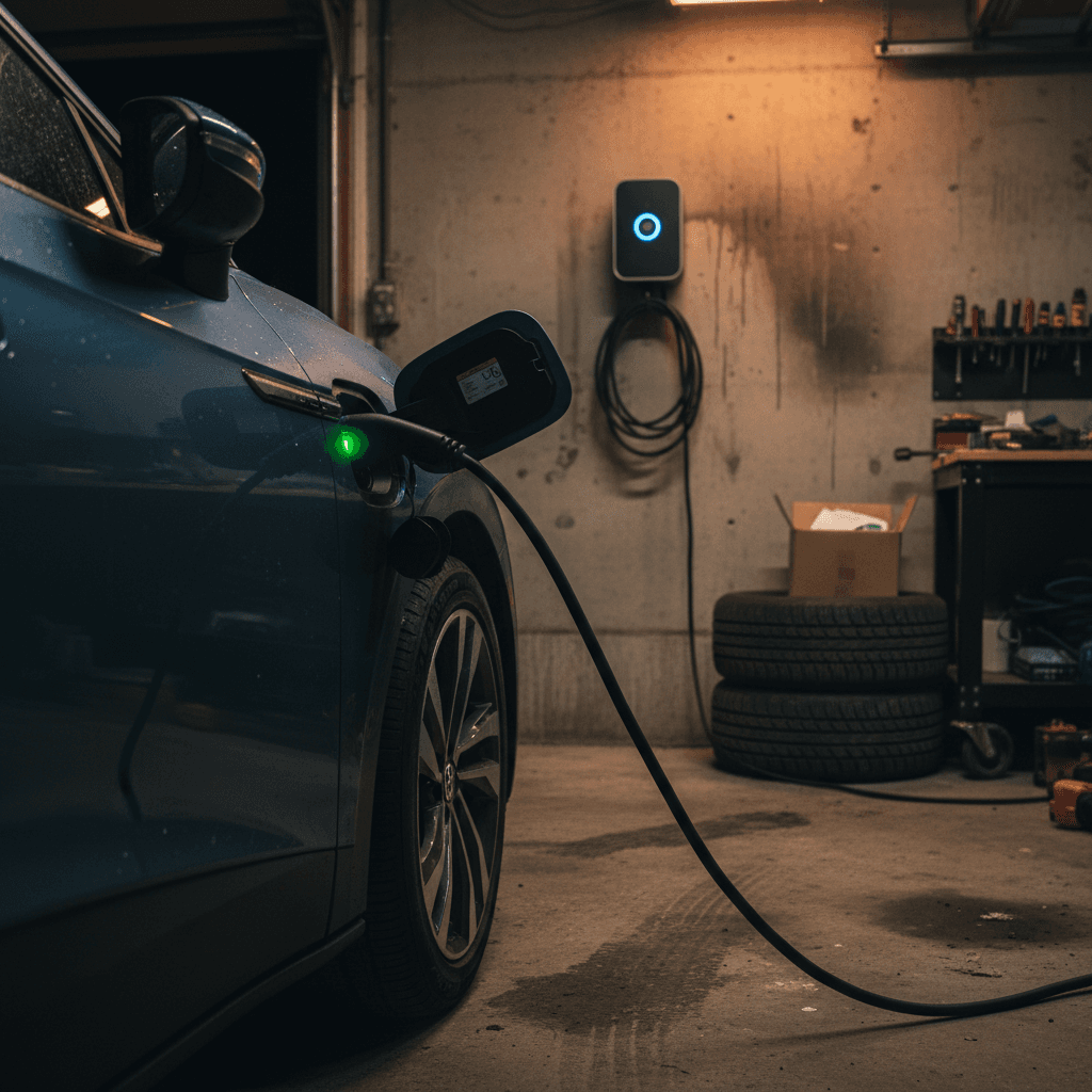 Volkswagen ID.4-type electric SUV fast charging at a public station at night