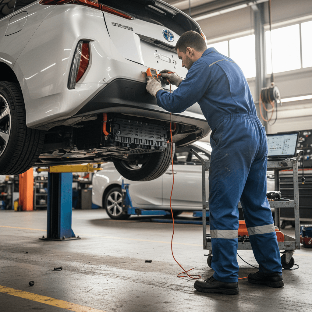 Technician removing a Toyota Prius Prime high-voltage battery pack from the rear of the car in a service bay