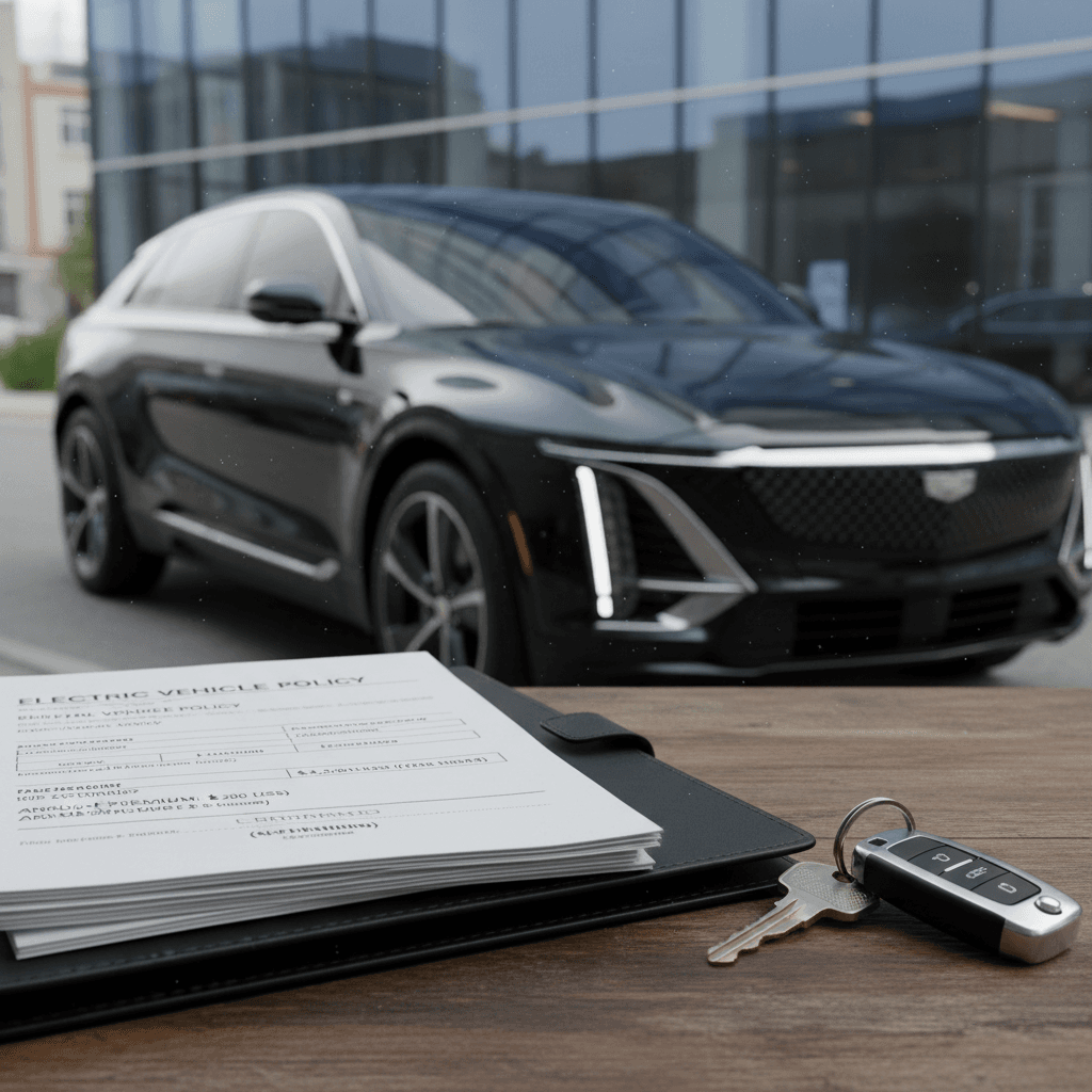 Insurance paperwork and keys on a desk with a Cadillac Lyriq parked outside a window in the background