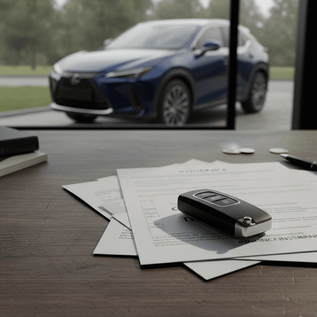 Insurance paperwork, car key fob, and a blurred Lexus RZ 450e in the background