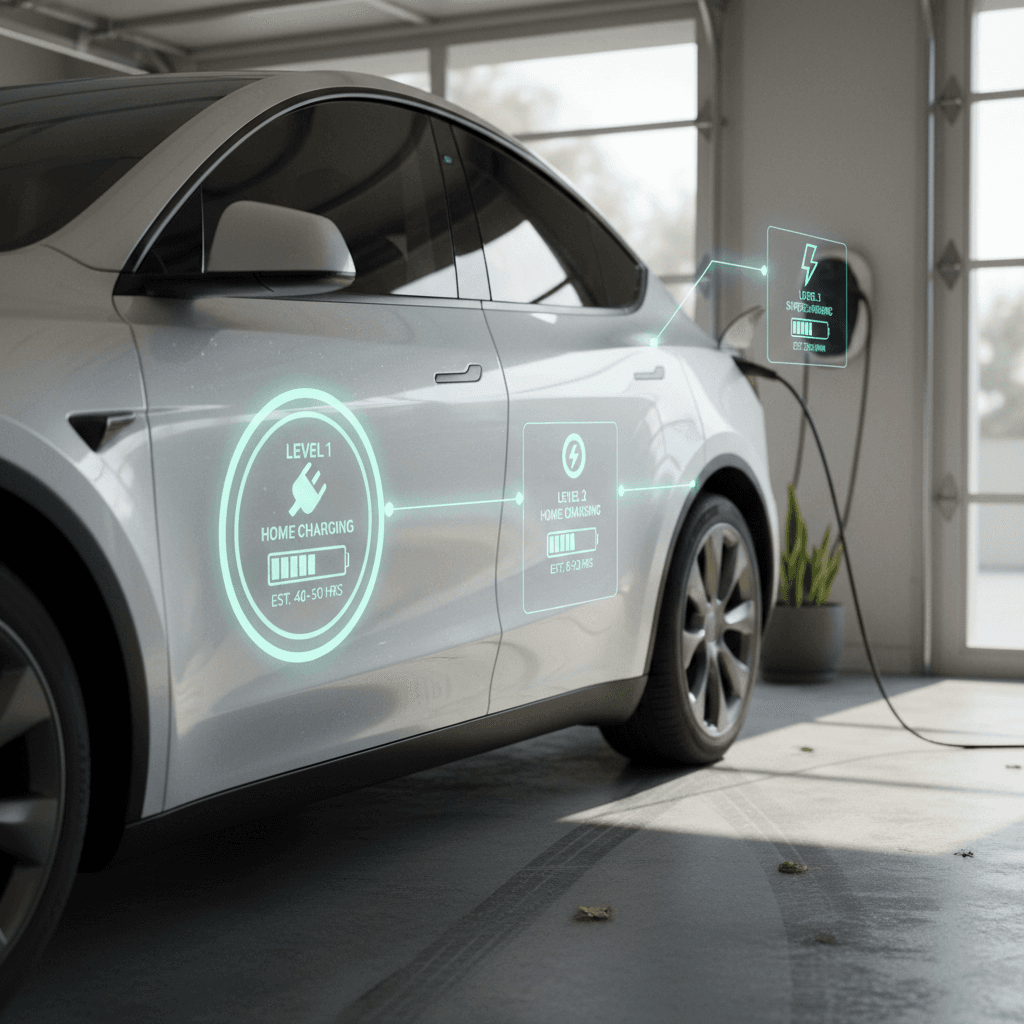 Diagram explaining Tesla Model Y Level 1, Level 2, and DC fast charging times